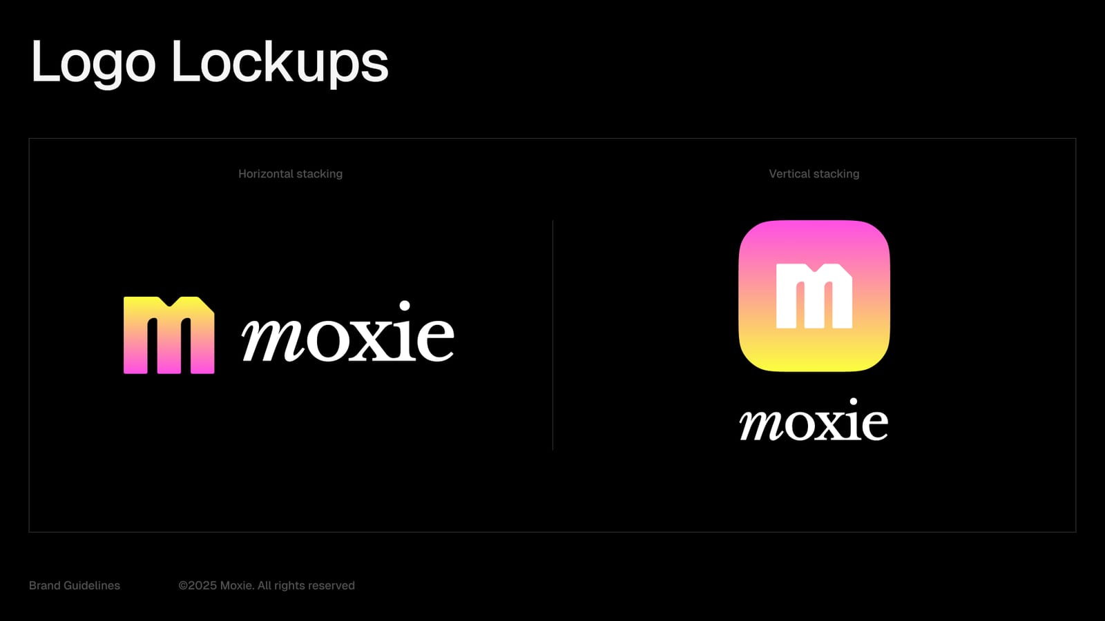 Moxie logo lockups: the symbol paired with the moxie wordmark, horizontal and stacked