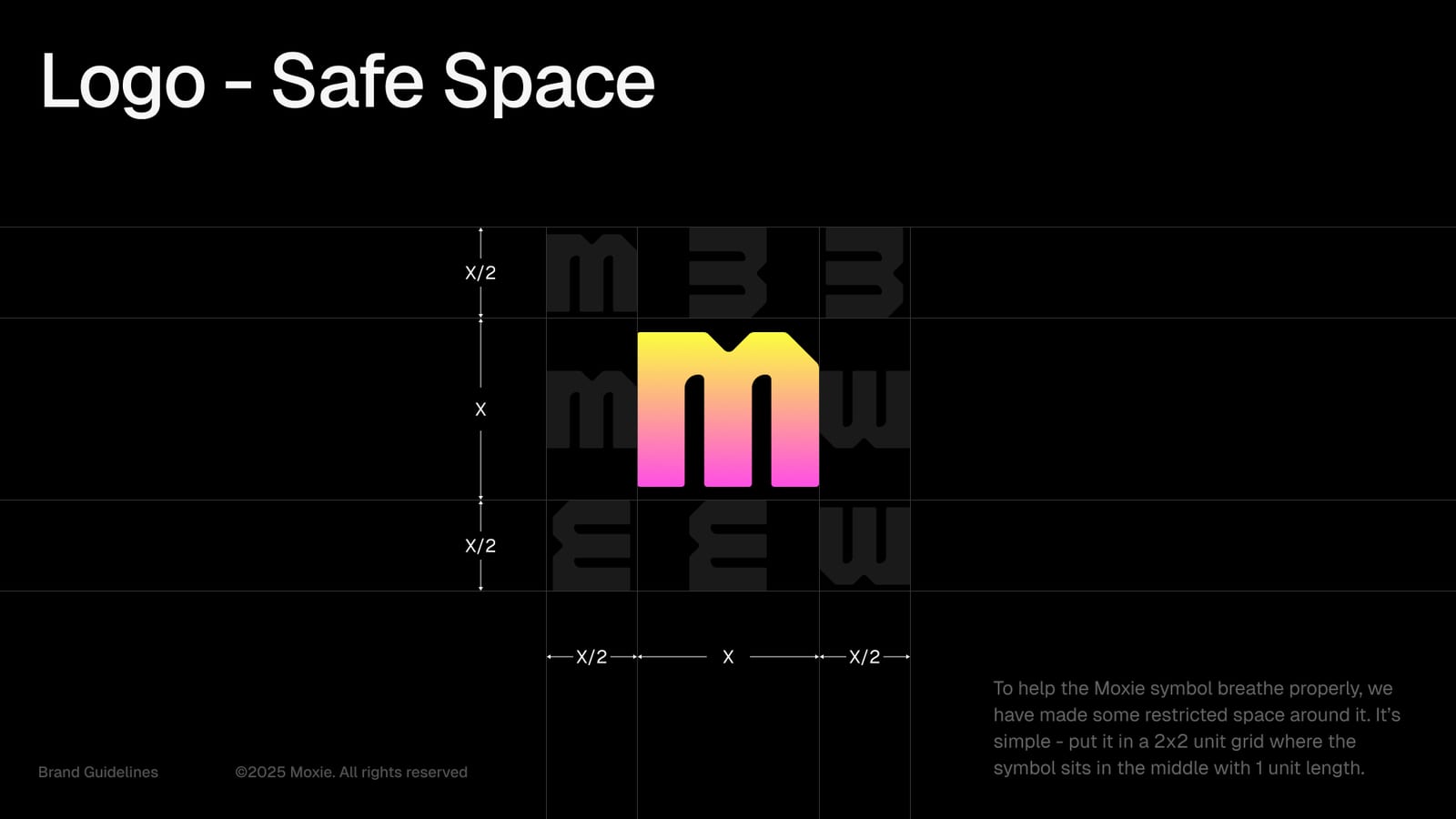 The Moxie symbol on its construction grid, sitting in the middle of a 2x2 unit of clear space