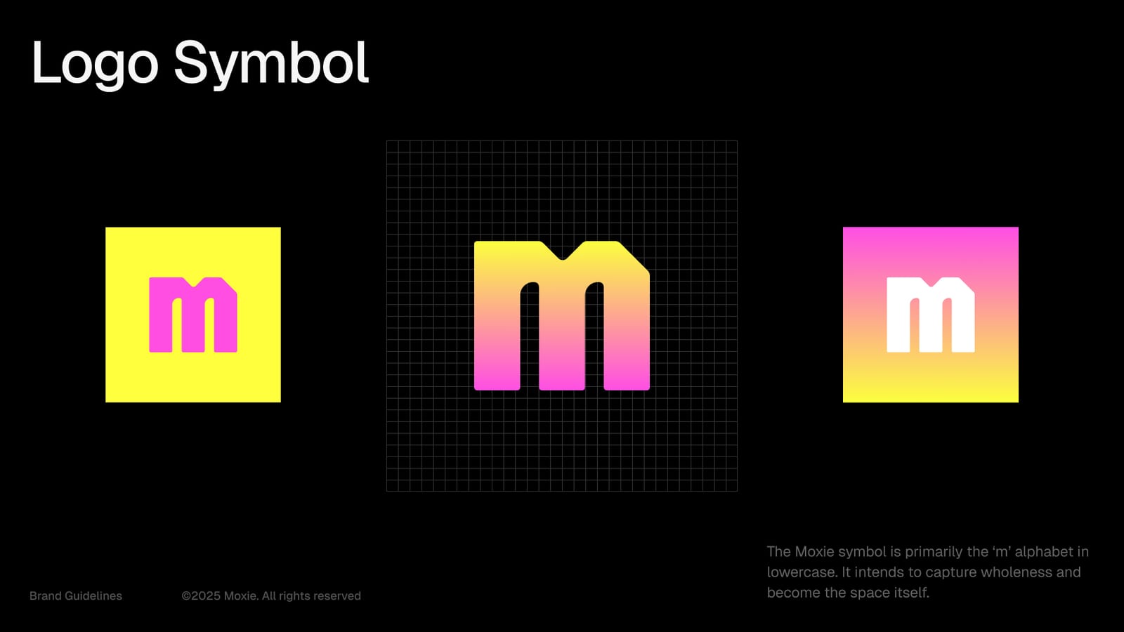The Moxie 'm' symbol in its yellow and neon-pink colour treatments