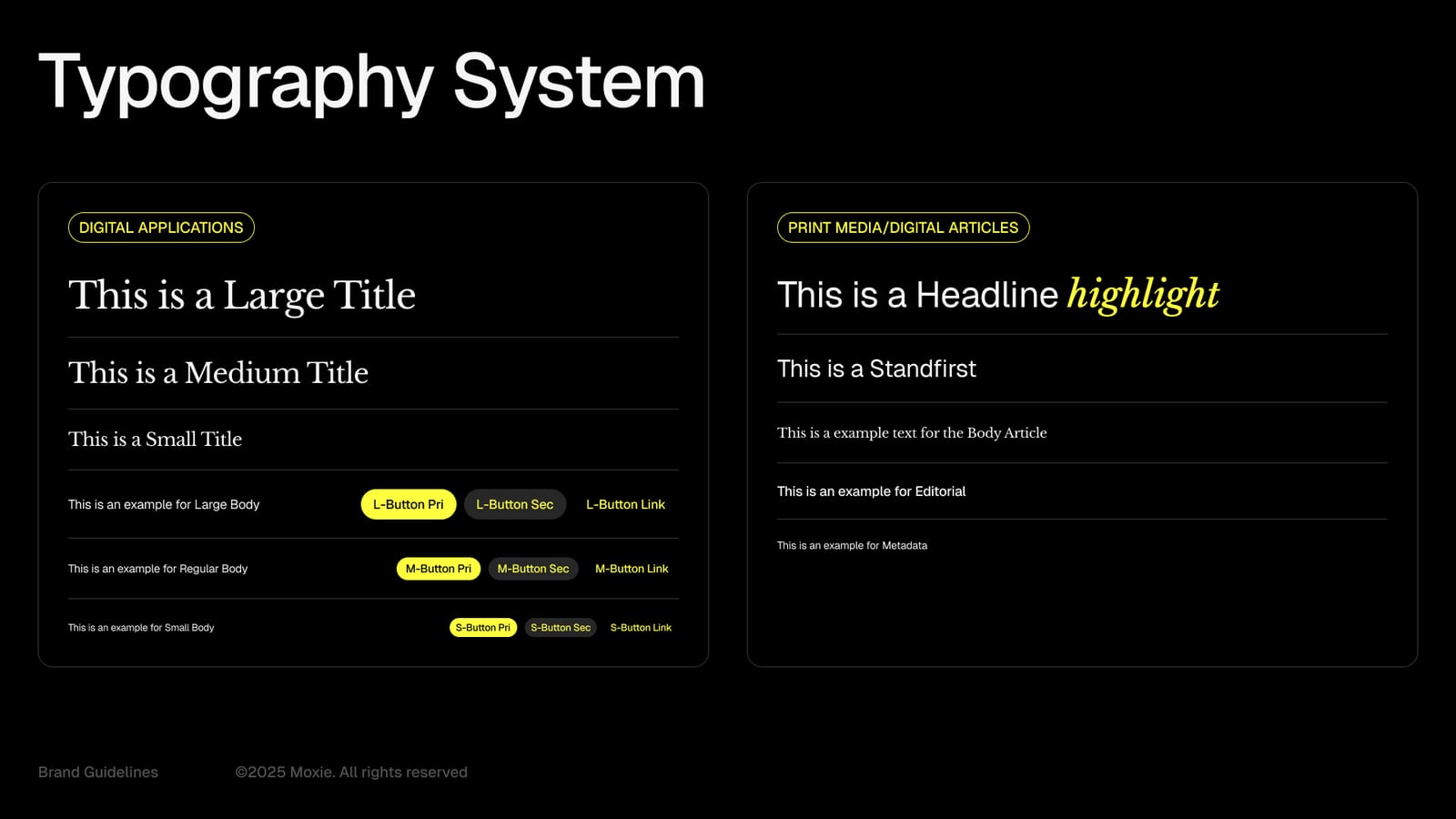 Moxie's typographic system: title, headline and body styles built from Geist and Libre Baskerville
