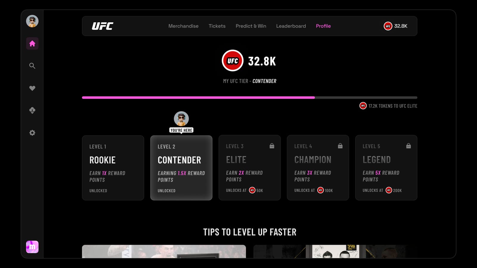 A UFC loyalty platform powered by Moxie, with fan tiers from Rookie to Legend