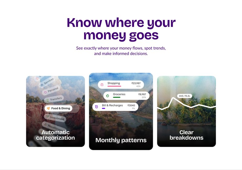 Slice website scene: know where your money goes with automatic categorization, monthly patterns, clear breakdowns